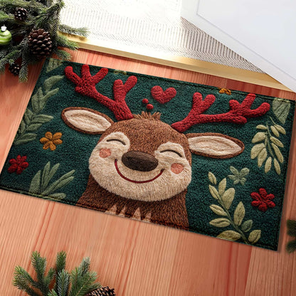 1pc Fluffy Christmas Deer Bath Mat - Quick-Dry & Absorbent, Festive Holiday Design with Red Berries & Green Leaves bathroom mat