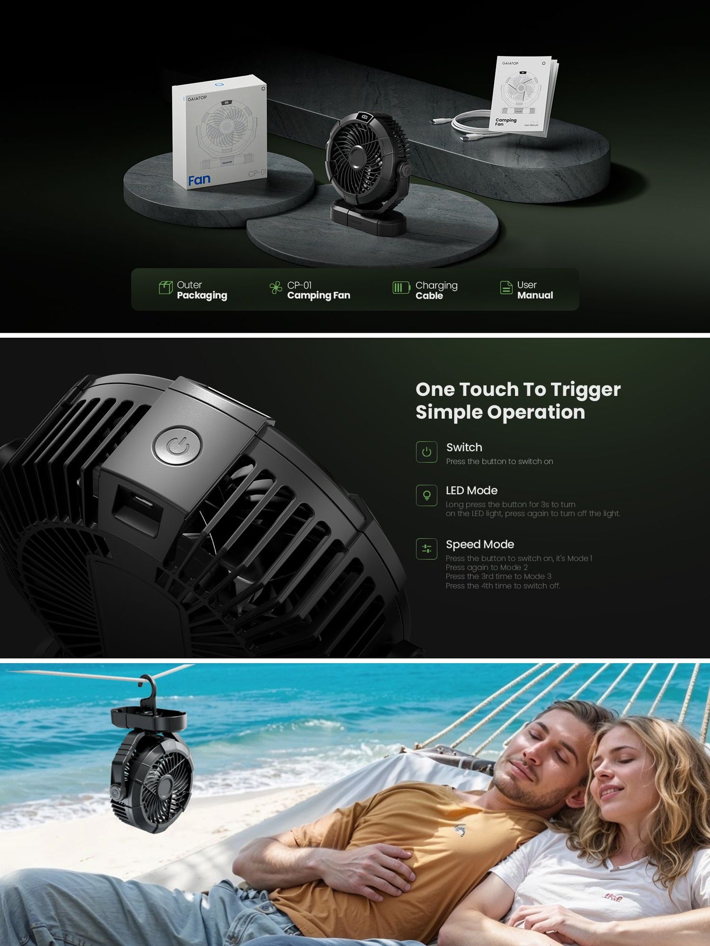 Portable Camping Fan with LED Lantern, 4000mAh 7-Inch Rechargeable Outdoor Tent Fan, 360° Head Rotation, 3 Speed and Quiet Batte