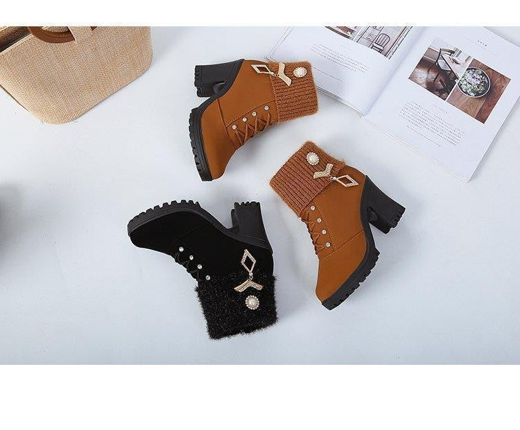 Women's Designer High Heels Shoes 2023 Winter New Warm Non-slip Block Cow Suede Warm Snow Boots Fashion Crystal Plush Goth Botas