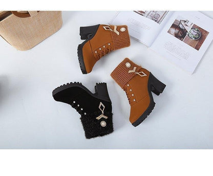 Women's Designer High Heels Shoes 2023 Winter New Warm Non-slip Block Cow Suede Warm Snow Boots Fashion Crystal Plush Goth Botas