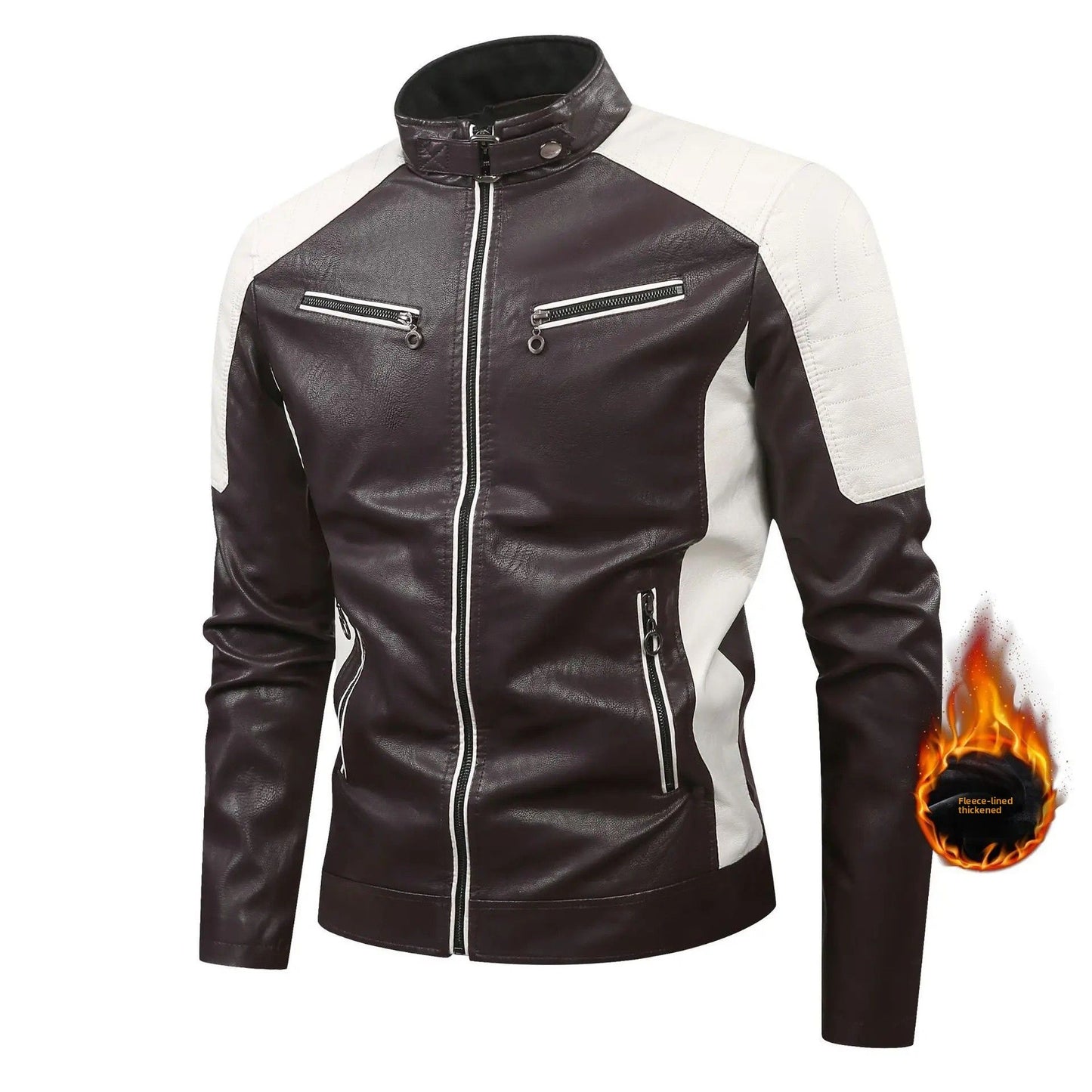 Fashionable Men's Biker Leather Jacket 2025 New Zipper Stand Collar Fleece Lined Casual PU Leather Coat Regular Fit Chinese Orig