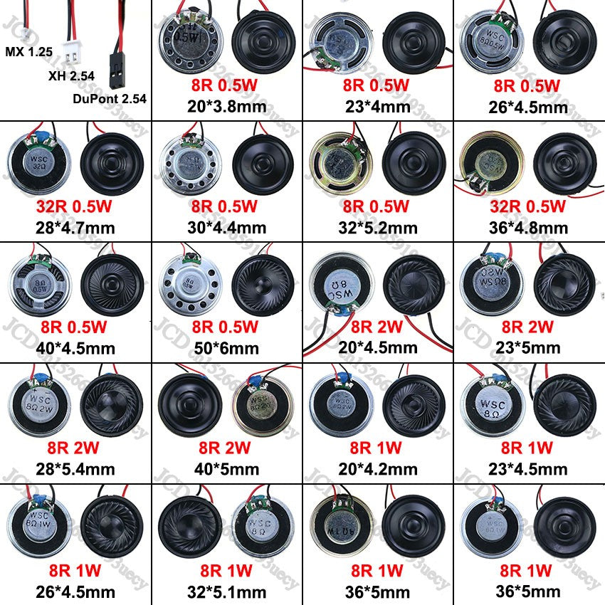 2x 8 32 Ohms 8R 32R 0.5W 1W 2W Diâmetro 20 23 26 28 30 32 36 40 50 MM Alto-falante Ultrafino C/ Fio MX XH DuPont Terminal 1.25 2.54