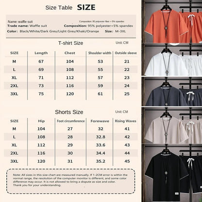 2025 Elegant casual T-shirt and shorts set for men's sports suit loose and comfortable summer waffle set for men