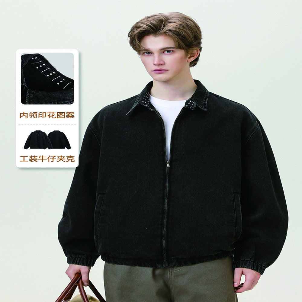 Men's Autumn New Washed Vintage Cargo Denim Jacket with Printed Collar - Trendy Retro Style