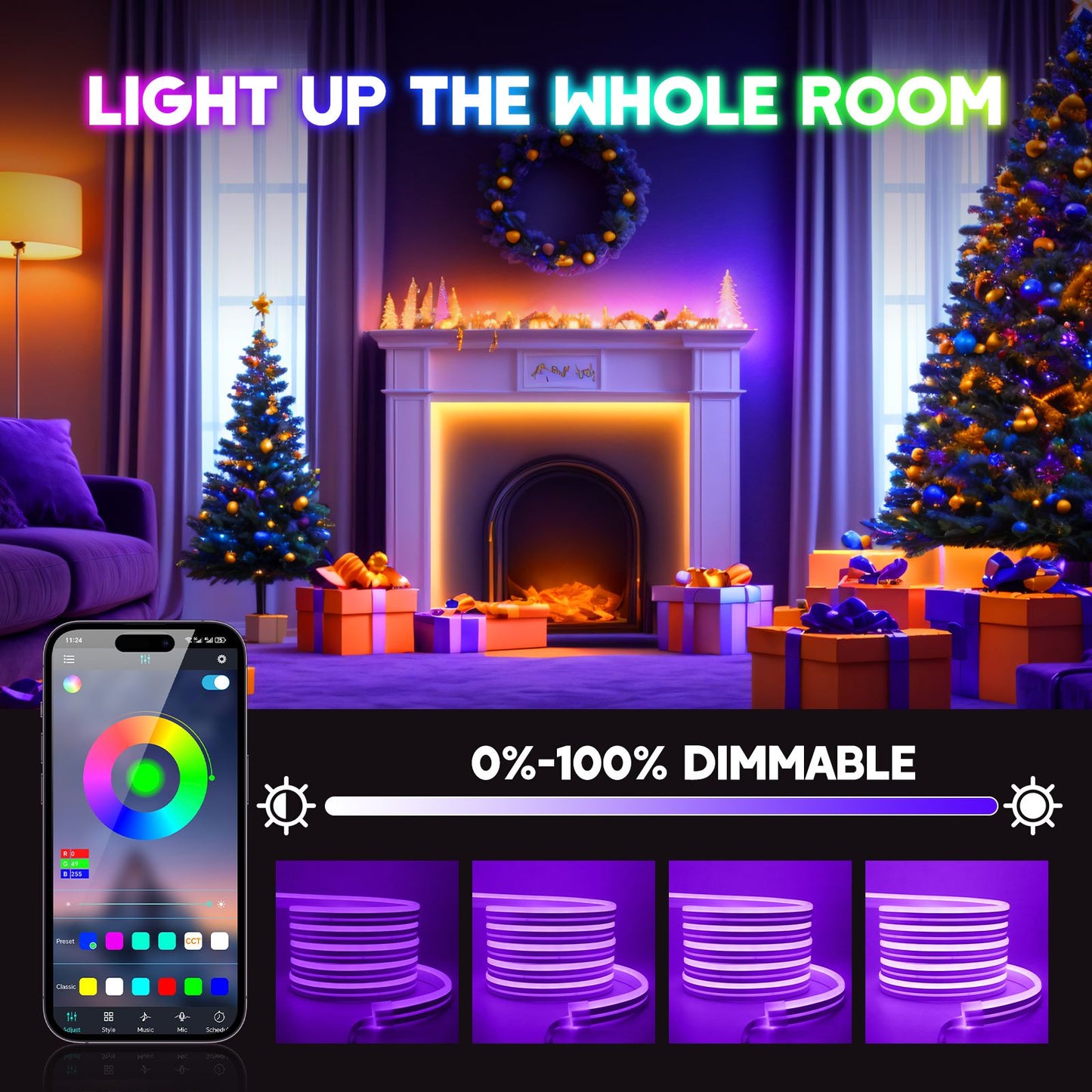 24V RGB 5m 10m 20m 30m LED Neon Strip Light Bluetooth APP 24key 44key Remote Control Music Sync Power Kit 60LED Waterproof Decor