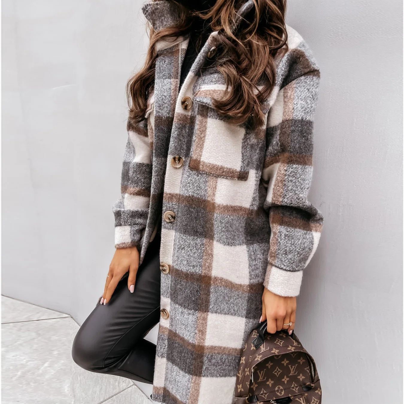 Single Breasted Trench Coat Fashion Long Autumn Winter Women's Clothing Long Sleeve Woolen Plaid Overcoat Coat