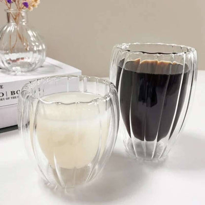 Lançamento 2025: Copo de Vidro Ondulado com Parede Dupla 350/450ml para Café, Chá, Leite, Suco, Cerveja e Água - Resistente ao Calor