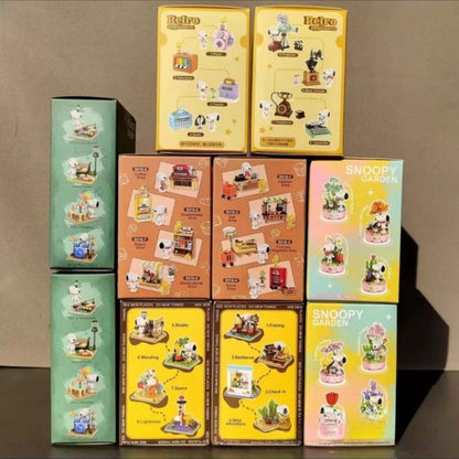 Quebra-cabeça de blocos de montar da série Original Snoopy Assemble Genuine Authorized Blind Box Supermarket Garden Furniture Scene para decoração de mesa