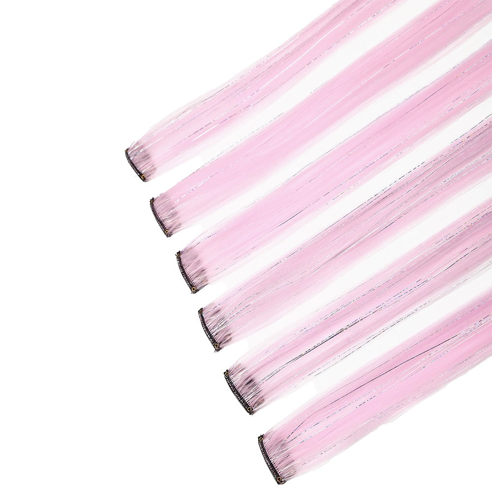 Extensões de Cabelo Sintéticas Rosa Choque com 6 Clipes, Mechas Metálicas, Extensões Coloridas de 55cm, Cabelo Arco-Íris 2 em 1
