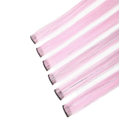 Extensões de Cabelo Sintéticas Rosa Choque com 6 Clipes, Mechas Metálicas, Extensões Coloridas de 55cm, Cabelo Arco-Íris 2 em 1