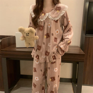 Warm Sleepwear Small Bear Peach Coral Velvet Two-Piece Set Women Pajamas Autumn and Winter Thickening Home Wear School Sleepwear
