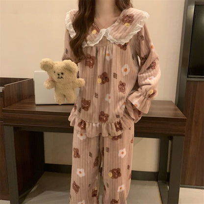 Warm Sleepwear Small Bear Peach Coral Velvet Two-Piece Set Women Pajamas Autumn and Winter Thickening Home Wear School Sleepwear