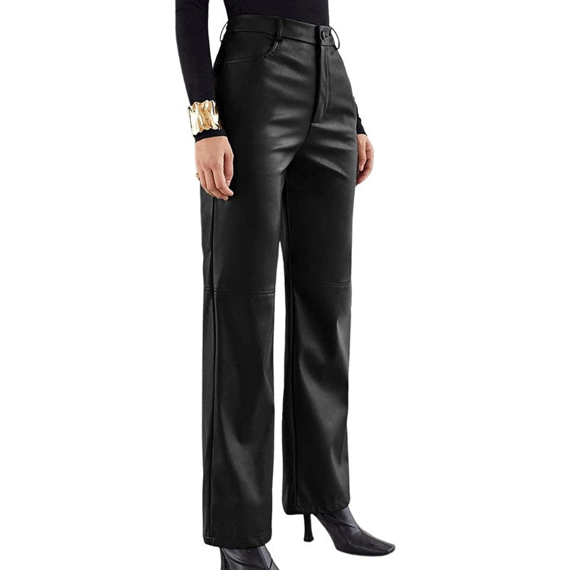 Leather Pants For Women High Waist Straight Slimming Side Pockets Solid Color Casual Party Spring Fall Trousers