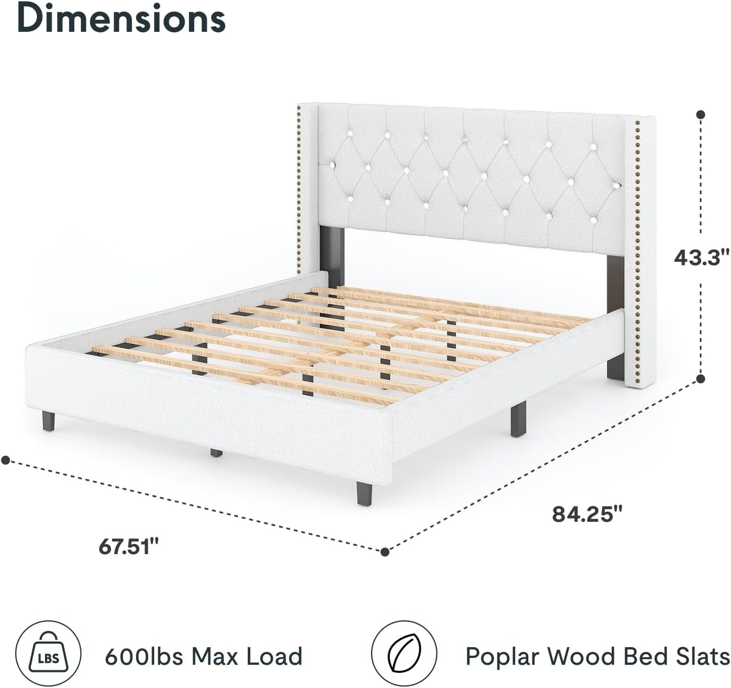 Queen Size Bed Frame, Upholstered in Natural Linen, Platform Bed with Wingback Headboard, Luxury Diamond Tufting, Heavy-