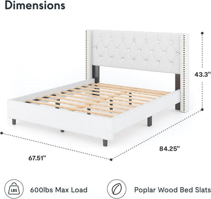 Queen Size Bed Frame, Upholstered in Natural Linen, Platform Bed with Wingback Headboard, Luxury Diamond Tufting, Heavy-