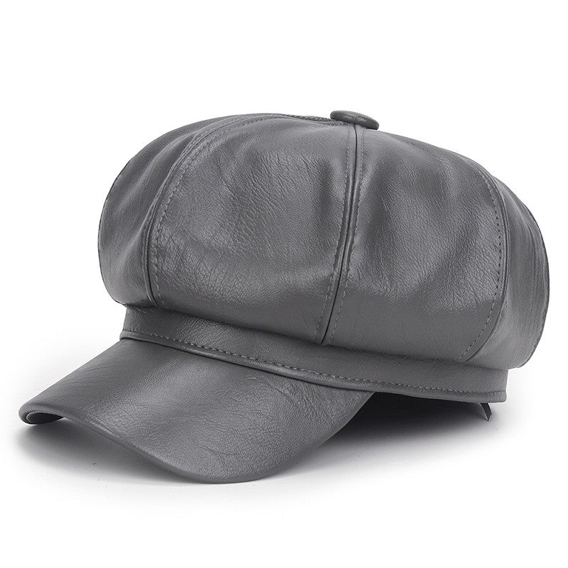 Winter Black PU Leather Hat for Women Vintage Hip Hop Trucker Cap Fashion Casual Beret Octagonal Hat