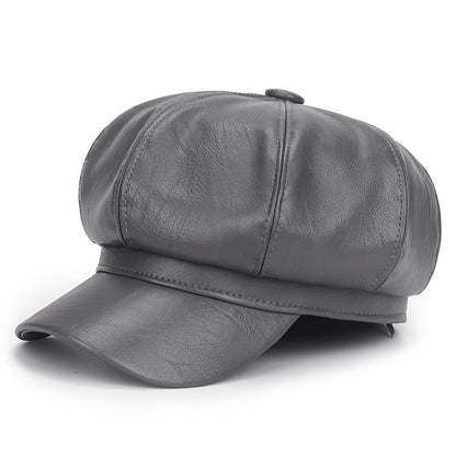 Winter Black PU Leather Hat for Women Vintage Hip Hop Trucker Cap Fashion Casual Beret Octagonal Hat
