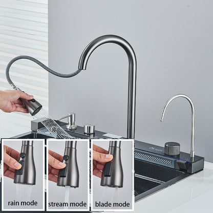 Multifunctional Kitchen Waterfall Sink Digital Display Large Single Gray Sink Dish Basin Sink 304 Stainless Steel