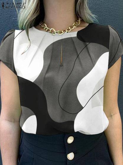 ZANZEA Women Summer Blouse Bohemain Holiday Shirt Fashion Short Sleeve Printed Tops Tunic Female Elegant Work Party Blusas Mujer