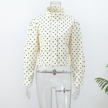 Polka Dot Stand Neck Short Jackets Women Fashion Long Sleeve Patchwork Contrast Slim Coats Casual Lady Street Commute Outerwear