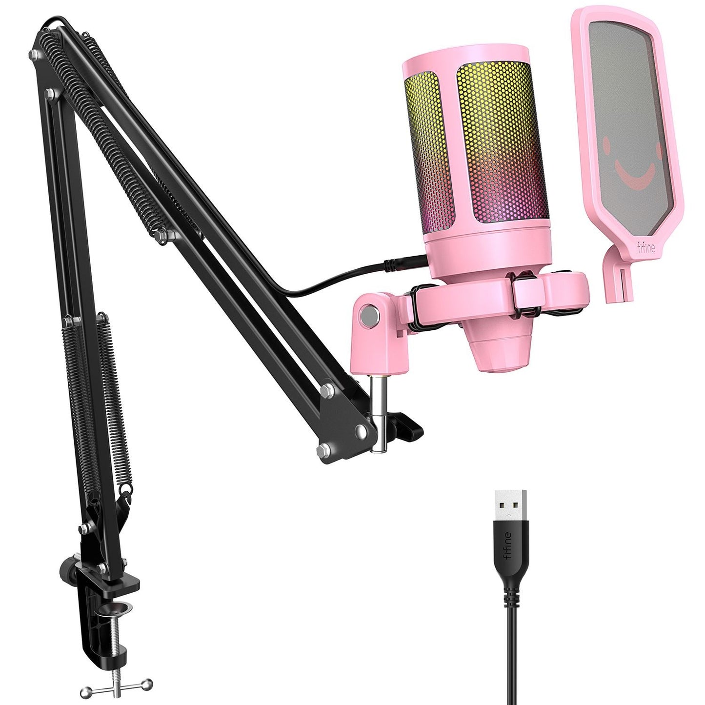 Kit de microfone FIFINE USB para jogos para PC, PS4/5, conjunto de microfone condensador cardioide com botão mudo/RGB/suporte de braço, para streaming de vídeo - A6T