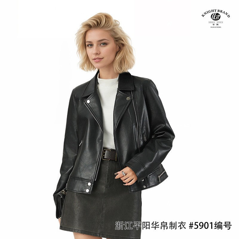 New Fall Women's Black Long-Sleeve Leather Jacket, Short-Length Collared PU Coat, Stylish Slim-Fit Biker Top.