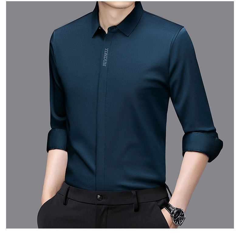 High End  Mulberry Silk Men Business Shirt Long Sleeve  Button Invisible Elastic Tops Wrinkle Resistant  Luxurious Men Shirt