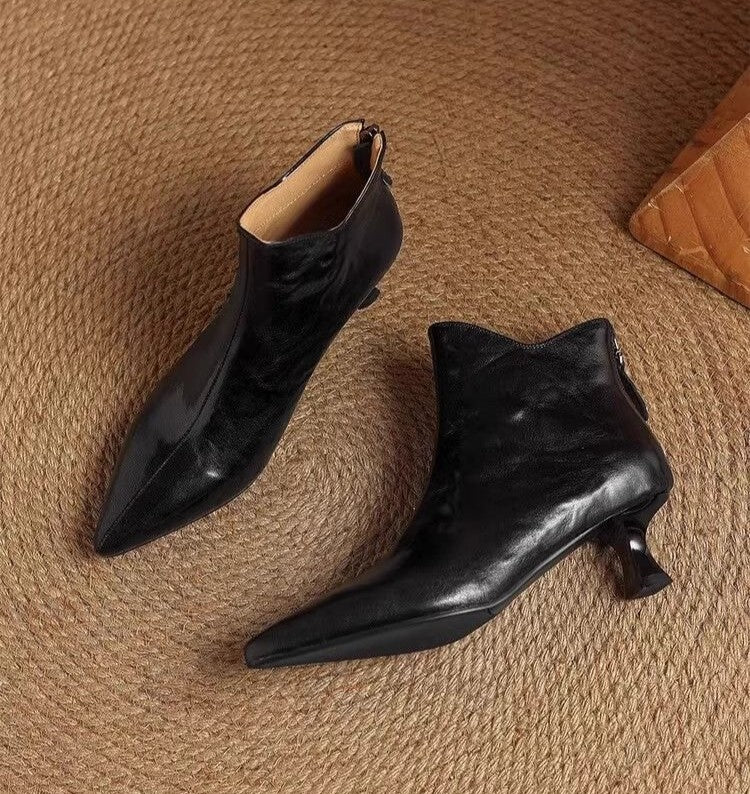 Elegant with Medium Heels Booties Autumn Winter Fleece-Lined Female Short Shoes Pointed Toe Leather Chelsea Women's Ankle Boots