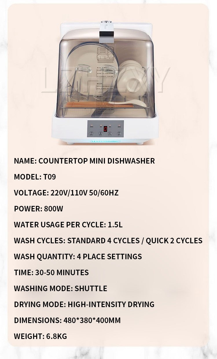 Transparent Household Countertop Mini Dishwasher, Portable Smart Automatic High-Temperature Dishwasher