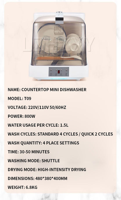 Transparent Household Countertop Mini Dishwasher, Portable Smart Automatic High-Temperature Dishwasher