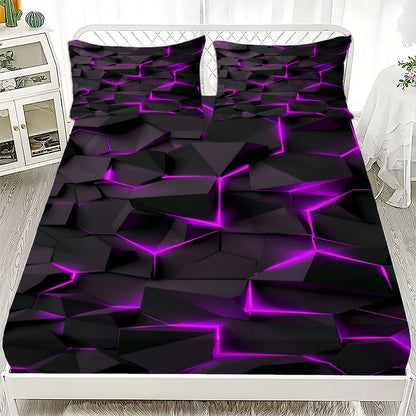 3pcs Fitted Sheet Set Visual Geometry Dizziness Print 100% Polyester Breathable Bedding Set for Home Decor with 2 Pillowcases