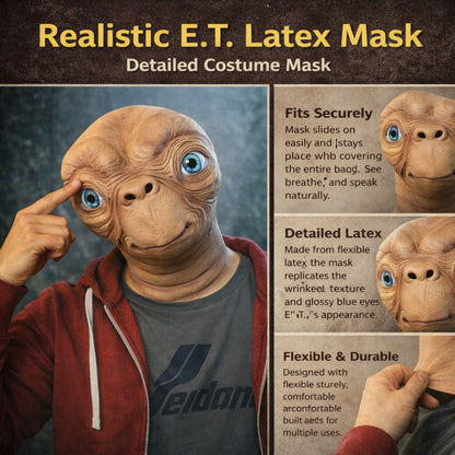 ET Alien Latex Mask Halloween Carnival Party Movie E.T. the Extra-Terrestrial Realistic Cosplay Creepy E.T. Alien Full Head Mask
