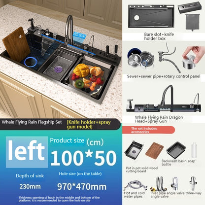 Stainless Steel Waterfall Kitchen Sink New Embossed Extra Large Single Slot Modern Digital Display Dishwashing Basin