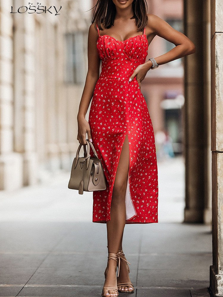 Summer Sexy Midi Dress Women Fashion White Floral Print Backless Beach Sundresse