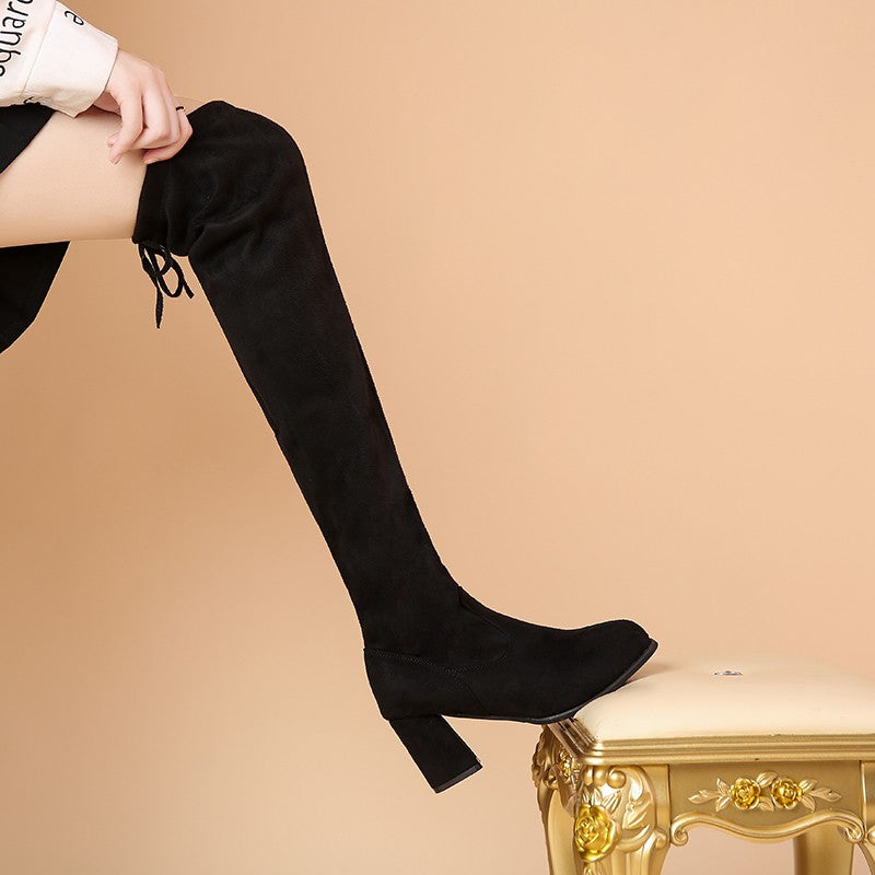 Spring New Fashion Slim Thick High Heels Flock Women Over-the-Knee Long Modern Stretch Boots Winter Long Boots D252