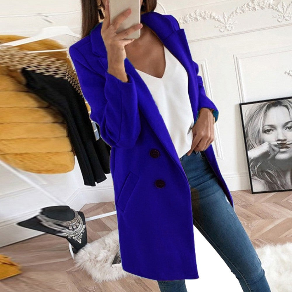 2024 European and American New Solid Color Lapel Mid length Button Woolen Coat for Women