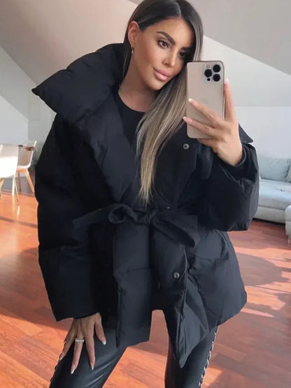 Solid Lapel Lace Up Cotton Coat Women Fashion Long Sleeve Warm Loose Pocket Short Coats Lady New Winter Commute Street Outwears