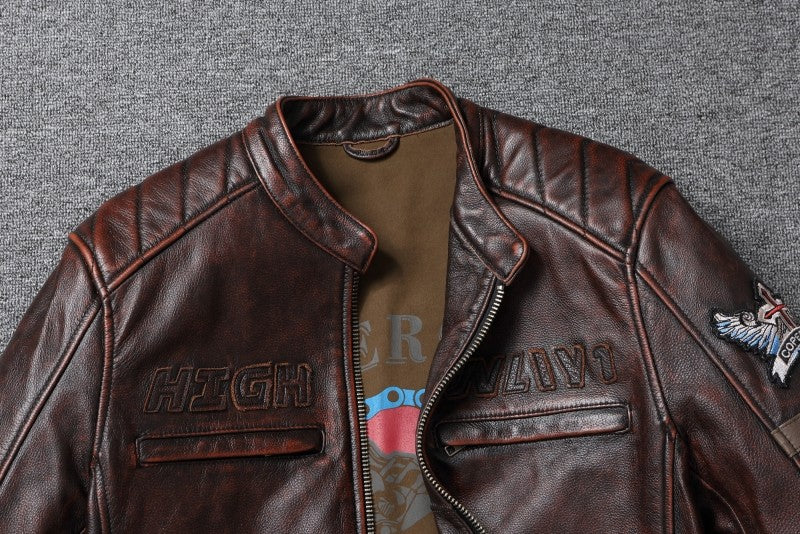 Fashionable Men's Motor Jacket Genuine Cow Leather Coat Male Outerwear Windbreaker Spring Autumn Cloth with Epaulet Brown