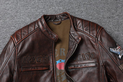 Fashionable Men's Motor Jacket Genuine Cow Leather Coat Male Outerwear Windbreaker Spring Autumn Cloth with Epaulet Brown