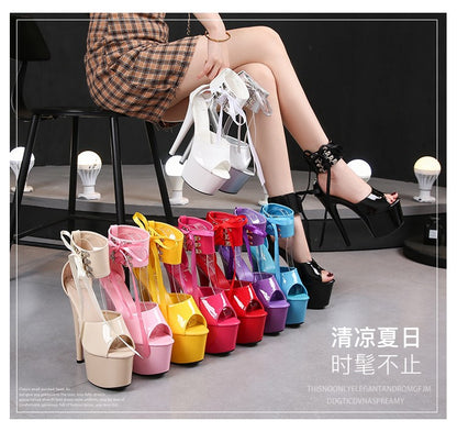 17CM Modern Sandals Upper Toe Open Ankle Strap Fashion Sexy Lady Platform High Heel Sandals Pole Dancing Lace-up Women Shoes