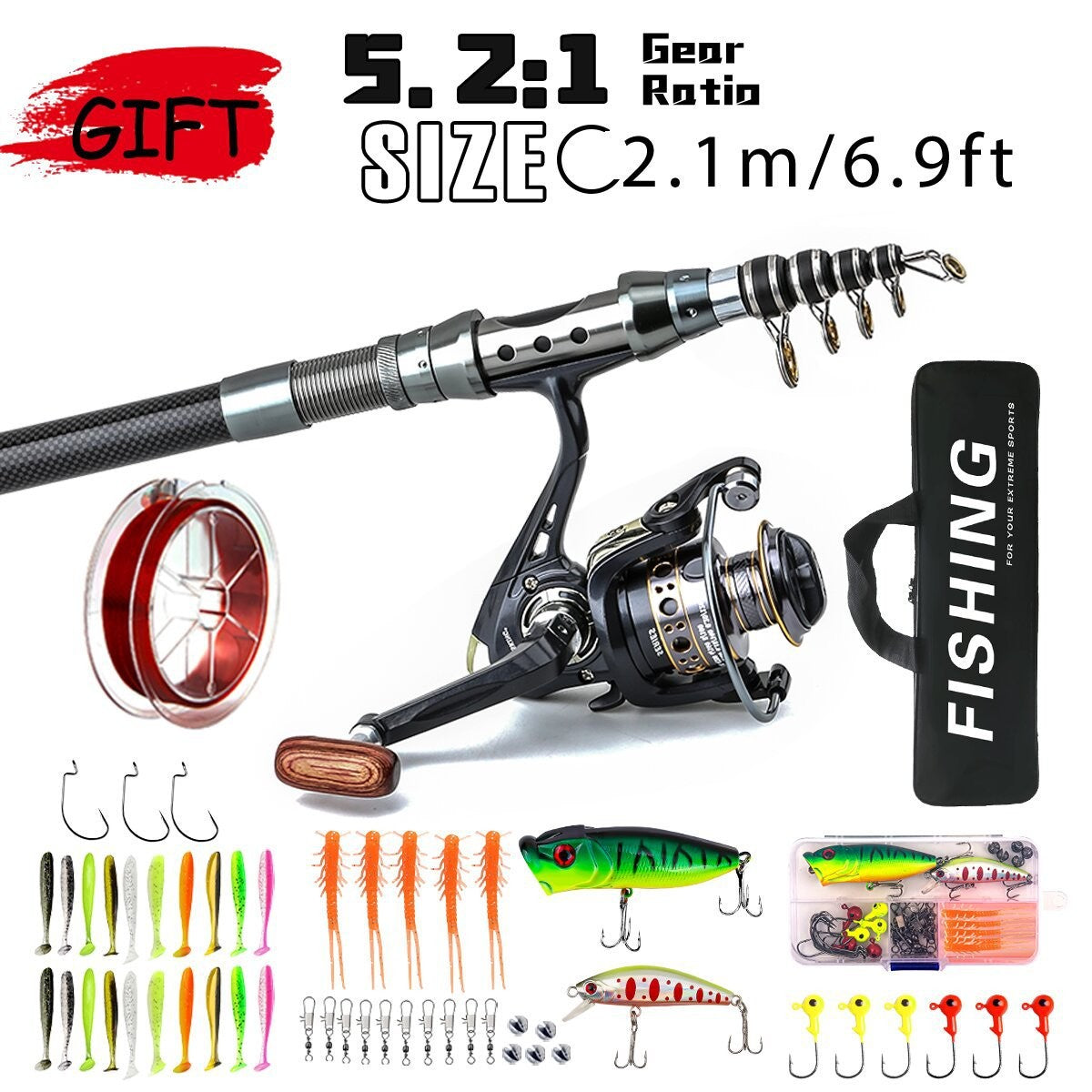 1.8-3m Carbon Fiber Fishing Rods and Reel Combo Super Hard Telescopic Fishing Pole Spinning Reel Kit