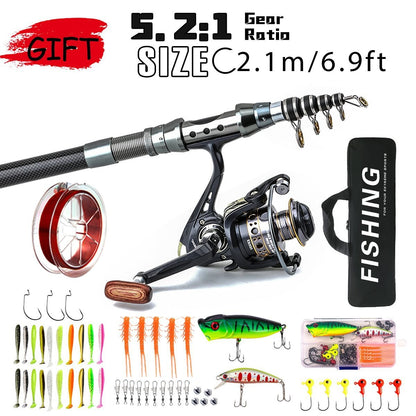 1.8-3m Carbon Fiber Fishing Rods and Reel Combo Super Hard Telescopic Fishing Pole Spinning Reel Kit