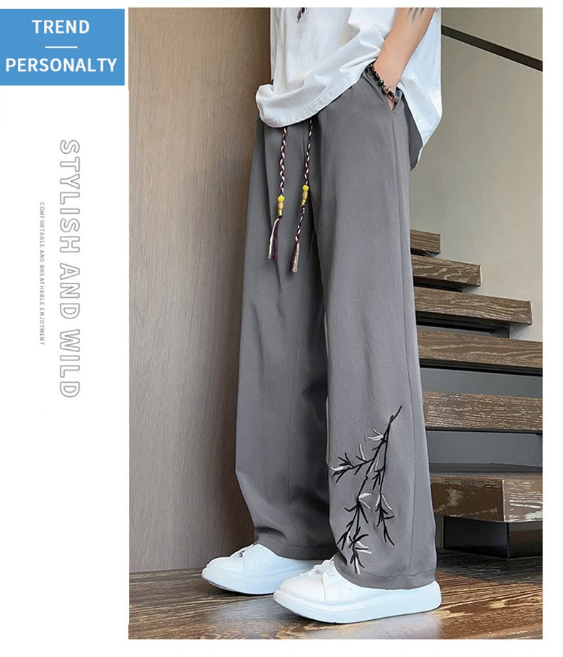 Novas Calças de Seda Gelo Chinesas Masculinas Verão Fina Solta Perna Larga Marca de Moda Seda Gelo Estilo Chinês Calças Casuais Bordadas Frescas