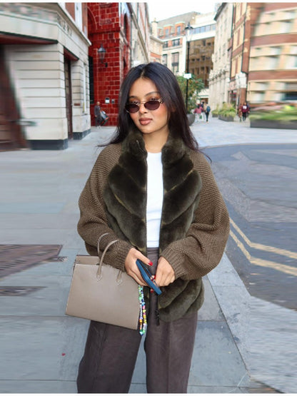 Vintage Faux Fur patchwork Jacket For Women Fashion Design Sense Long Sleeves Casual Coat 2025 Autumn Winter Female Streetwear