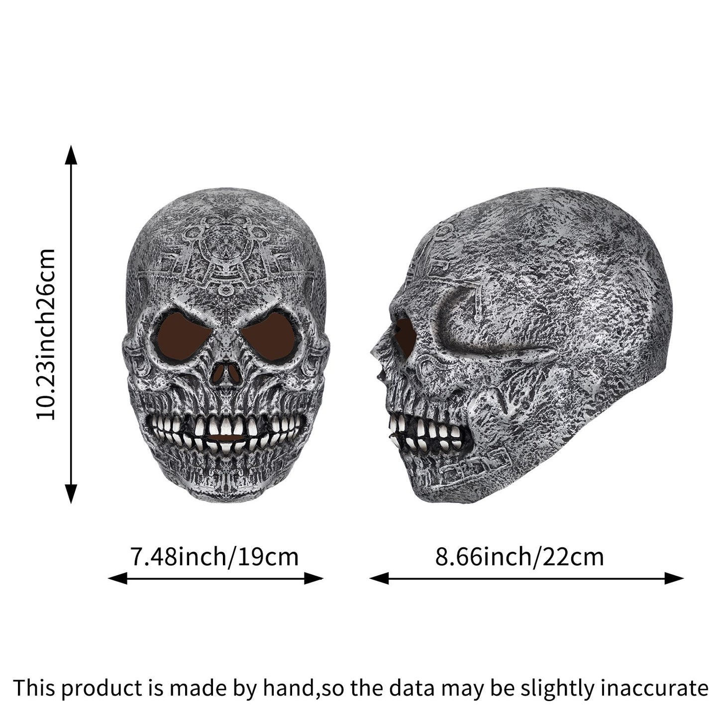 1Pc Handmade Latex Skull Mask Antique Silver Aztec Carvings Full Face Halloween Cosplay Prop