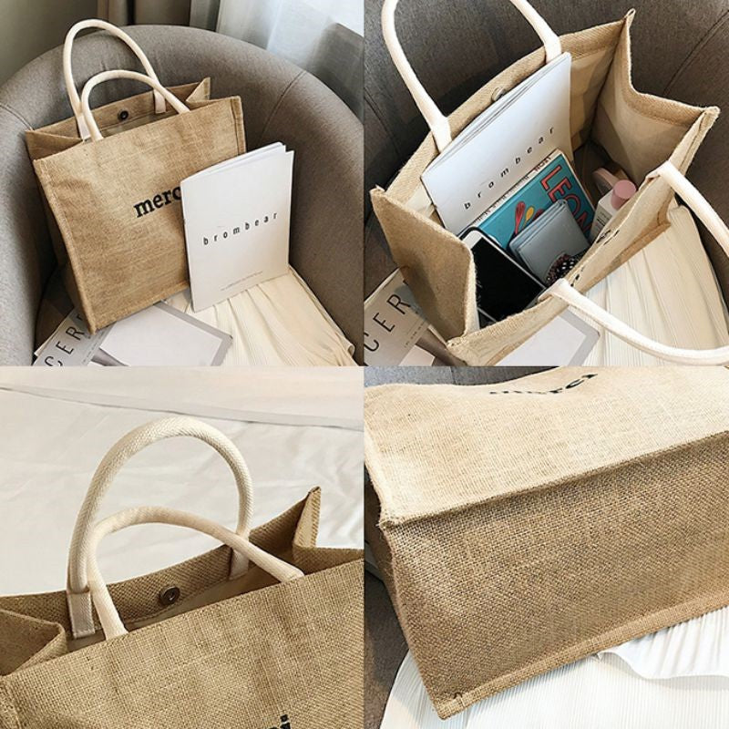 100pcs/lot Custom Printed Grocery Eco Friendly Waterproof Natural Laminated Burlap Sack Jute Beach Bag for Women Towel Wedding