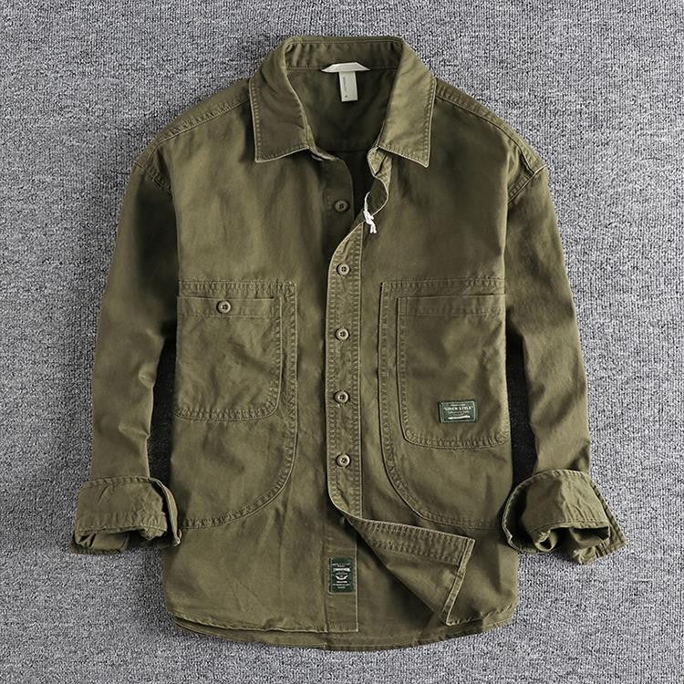 2025 Autumn New American Retro Woven Twill Cargo Shirt Men's Fashion 100% Cotton Washed Long Sleeve Double Pocket Casual Jacket