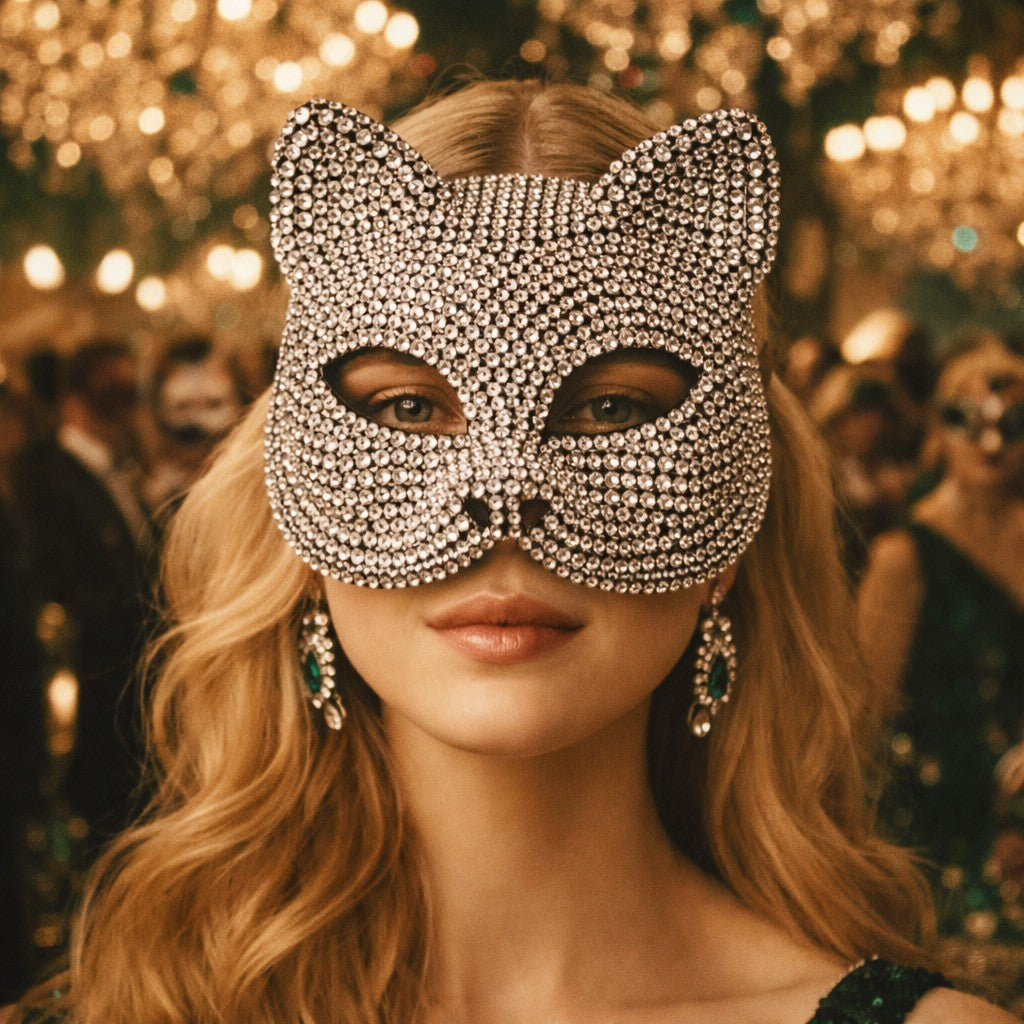 Rhinestone Cat Masquerade Mask, Crystal Studded Half Face Mask for Women Halloween Party and Cosplay