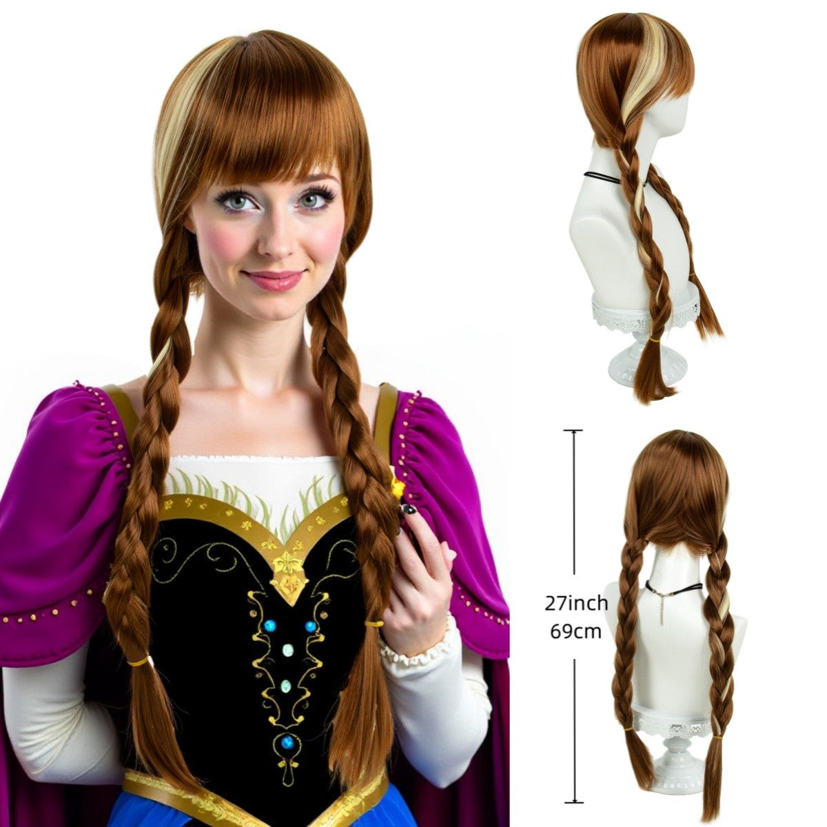 REEWES ELSA Peruca de Princesa Branca Bege Trança Longa Peruca Filme Frozen COSPLAY resistente ao calor Cabelo Sintético anime Fantasia de Halloween