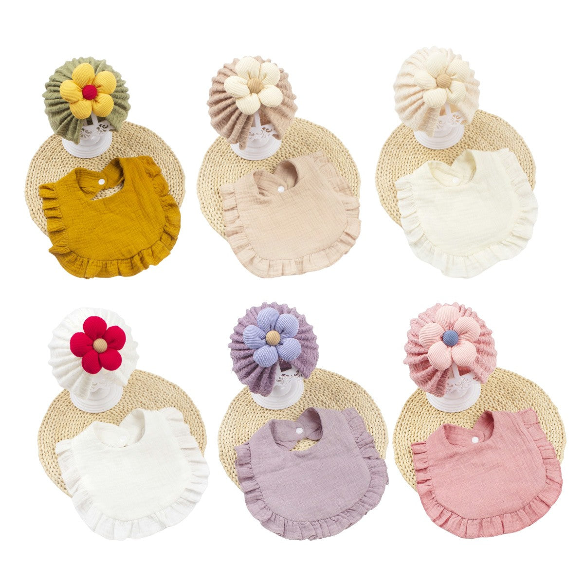 6Pcs Adorable Baby Floral TurbHat and Bib Set - Soft Ruffled Cotton with Delicate Floral Accents, Drool Towel Set, Newborn Gifts